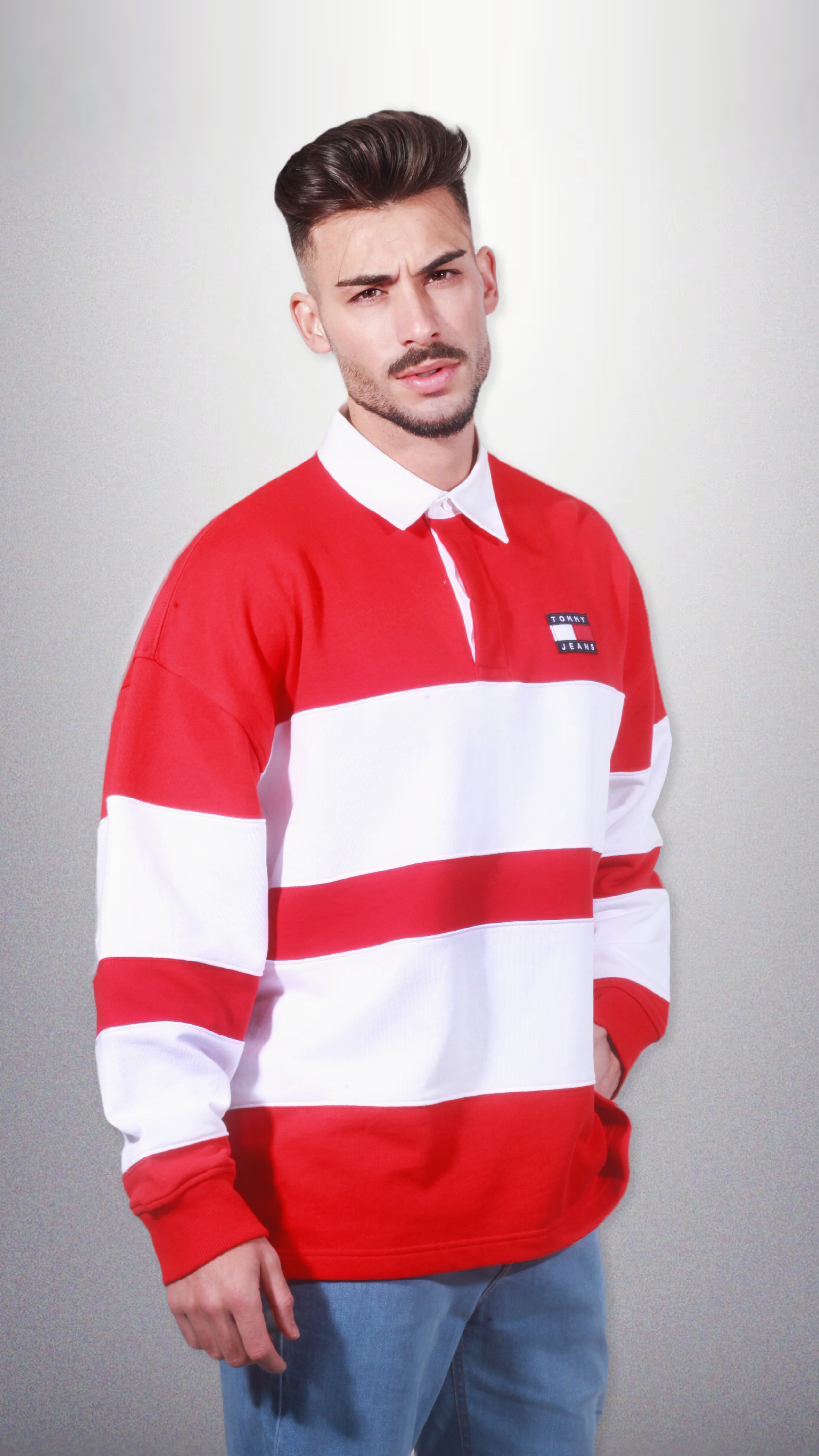 Sweat gola Tommy Hilfiger Manga Comprida Listrada | Vermelho-Branco