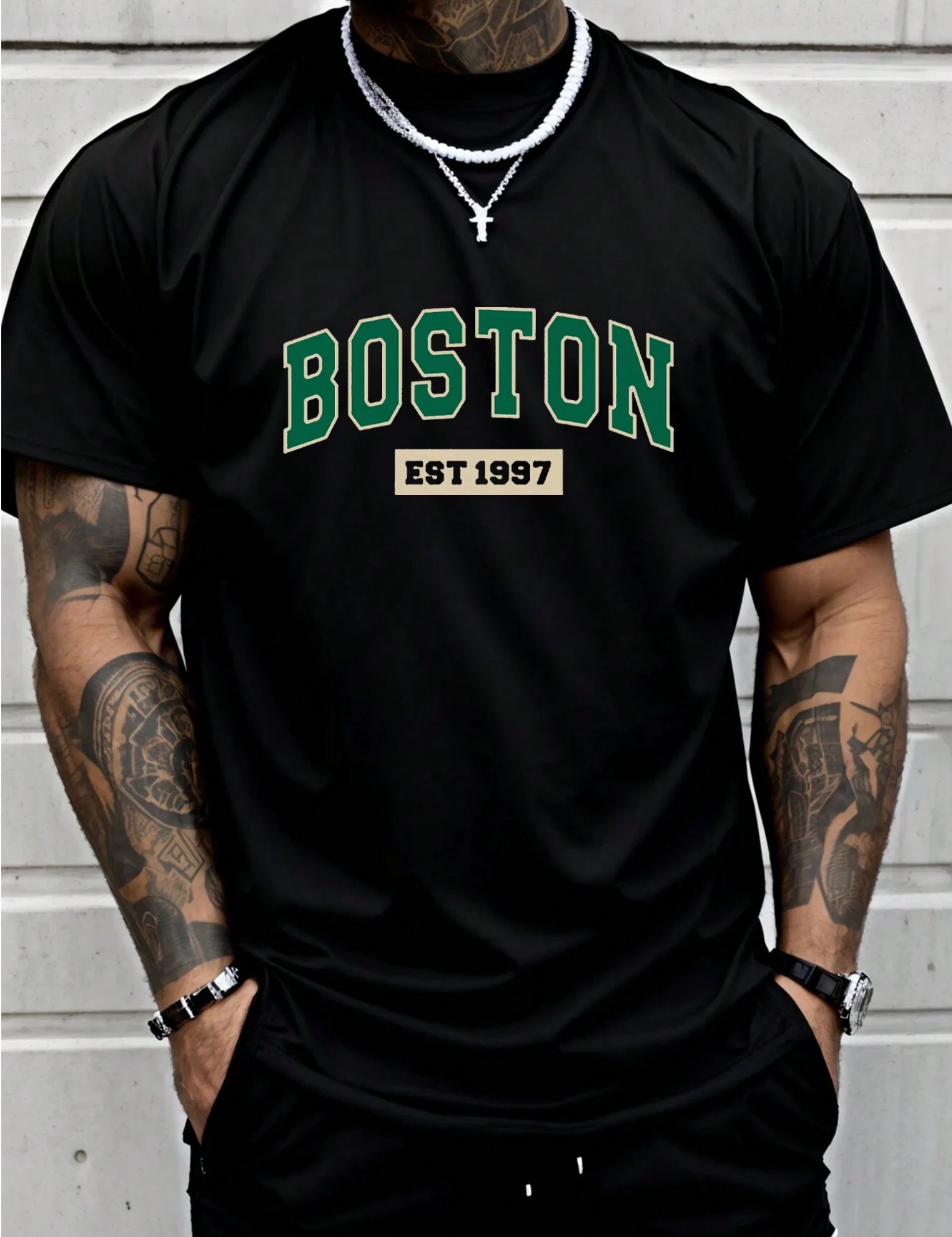 Camiseta Casual com Estampa de Letras para Homens, Gola Redonda, Para o Dia-a-Dia de Verão