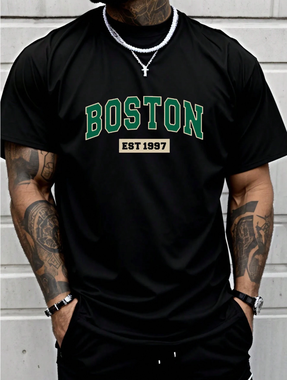 Camiseta Casual com Estampa de Letras para Homens, Gola Redonda, Para o Dia-a-Dia de Verão