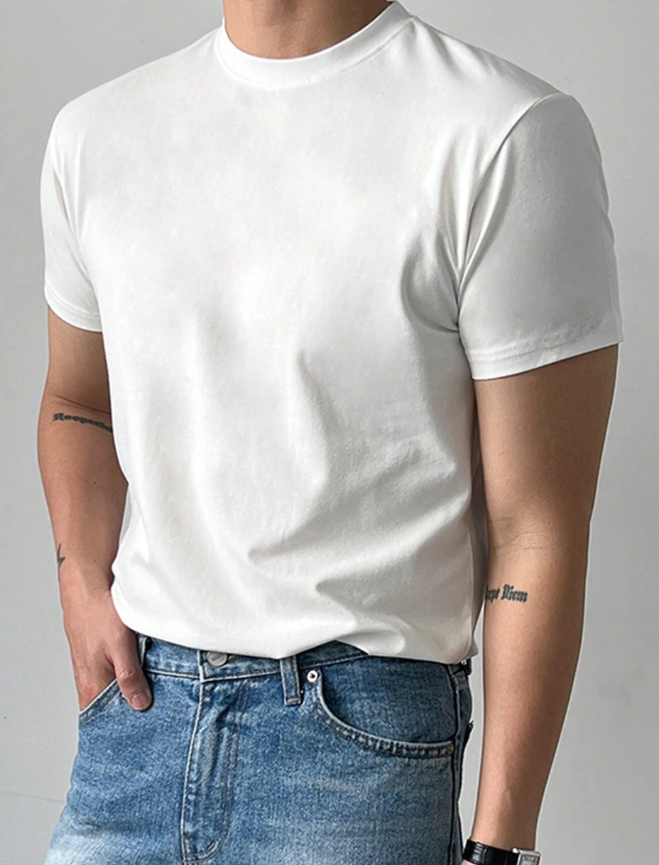 Camiseta Casual Masculina de Manga Curta e Gola Redonda em Cor Sólida, Verão
