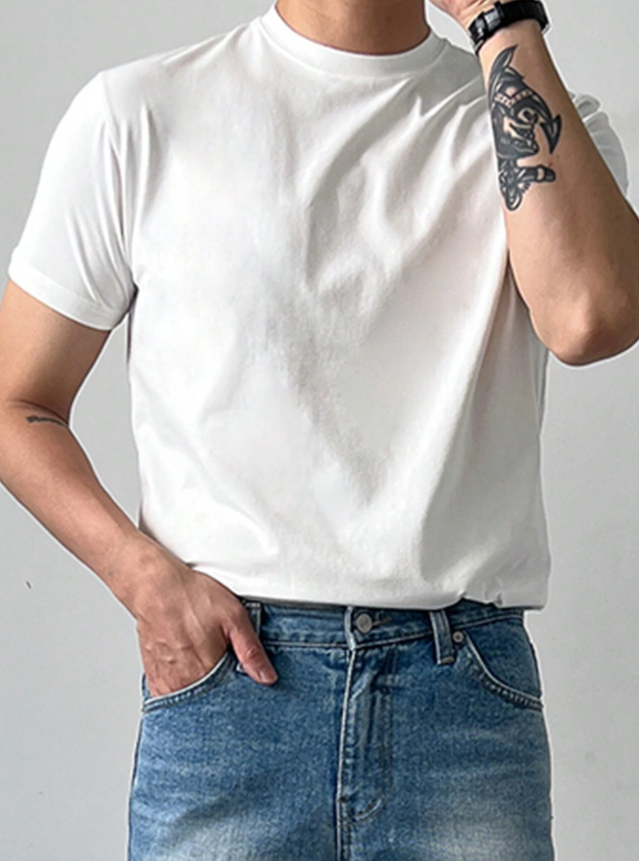 Camiseta Casual Masculina de Manga Curta e Gola Redonda em Cor Sólida, Verão