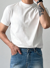 Camiseta Casual Masculina de Manga Curta e Gola Redonda em Cor Sólida, Verão