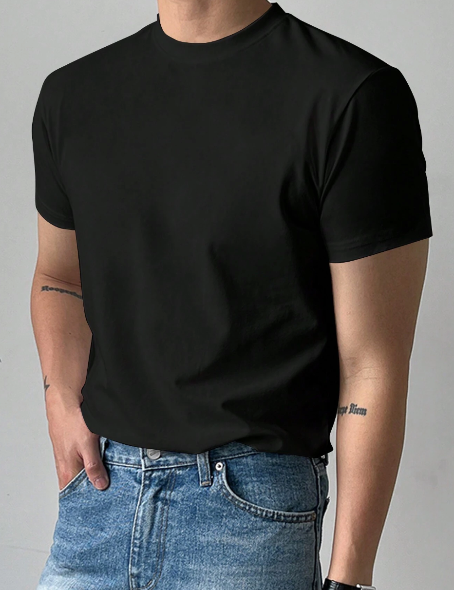 Camiseta Casual Masculina de Manga Curta e Gola Redonda em Cor Sólida, Verão