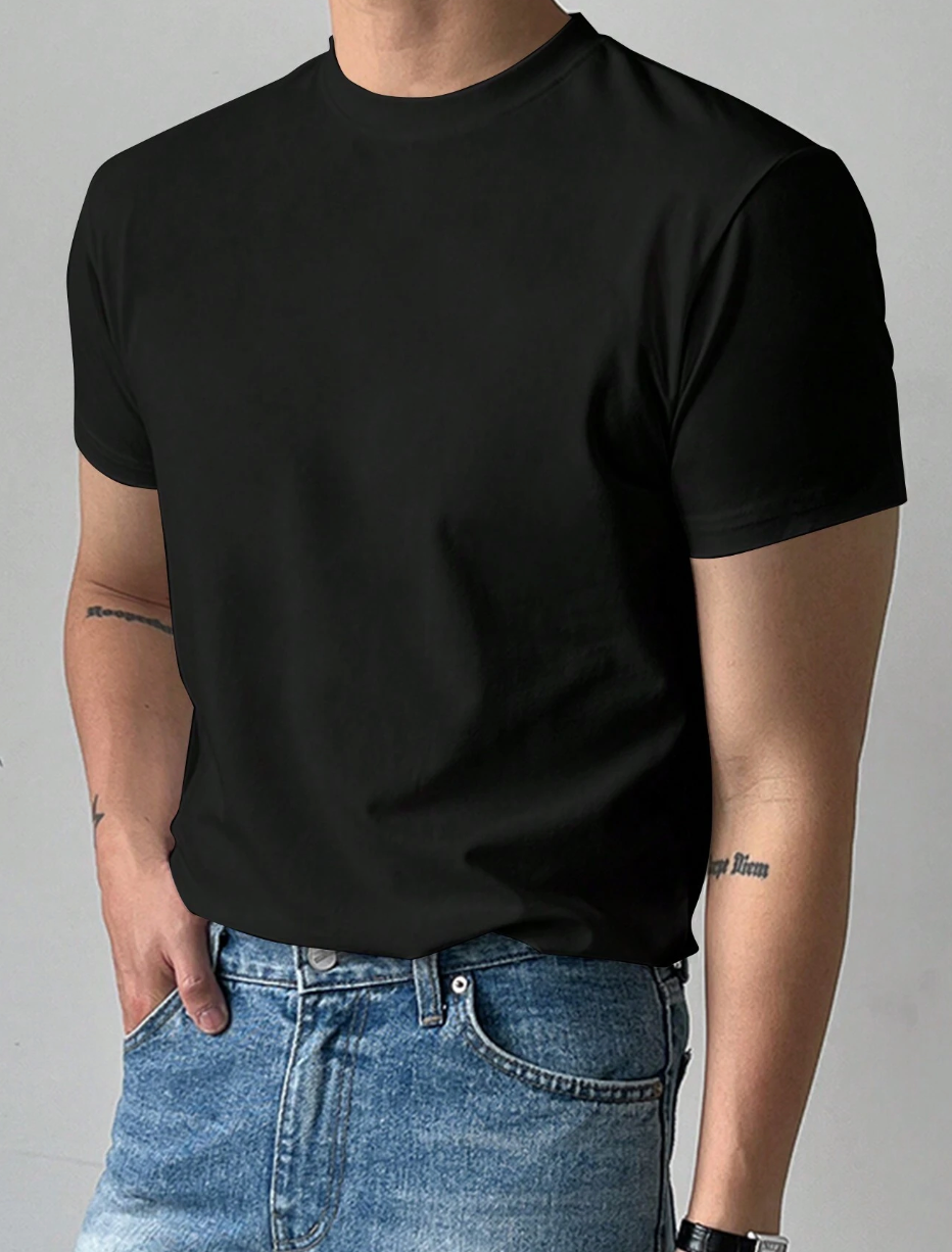Camiseta Casual Masculina de Manga Curta e Gola Redonda em Cor Sólida, Verão