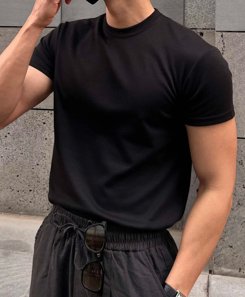 Camiseta Masculina De Cor Sólida Com Gola Redonda Para O Verão