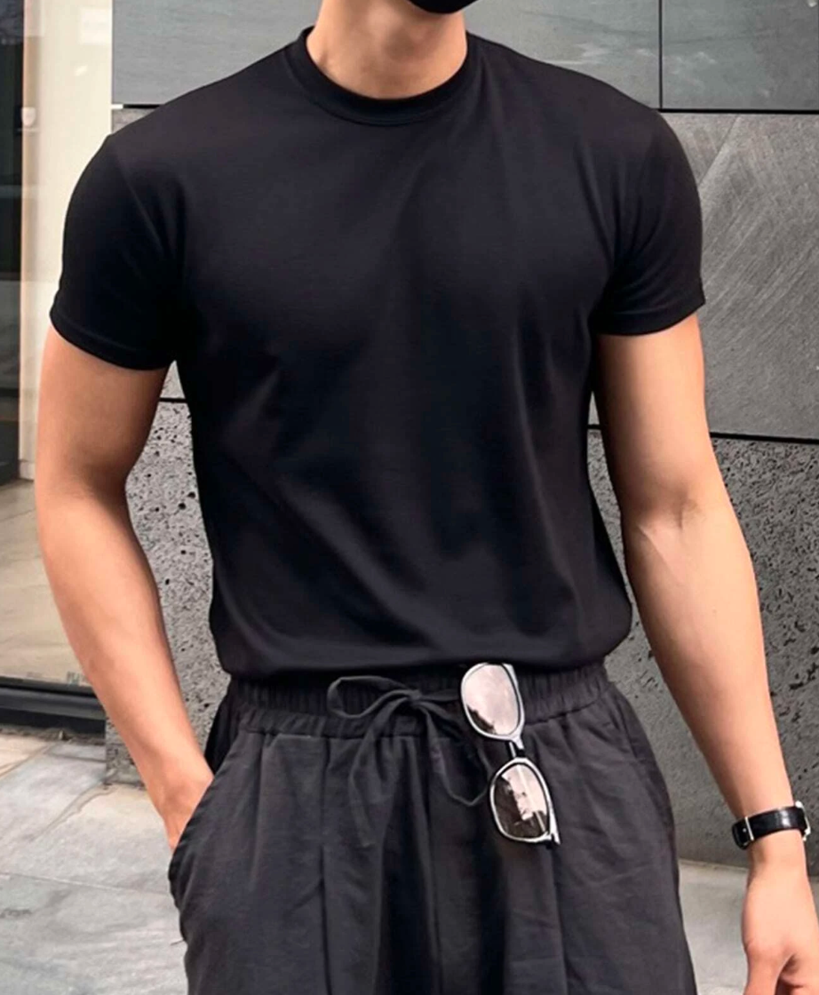 Camiseta Masculina De Cor Sólida Com Gola Redonda Para O Verão