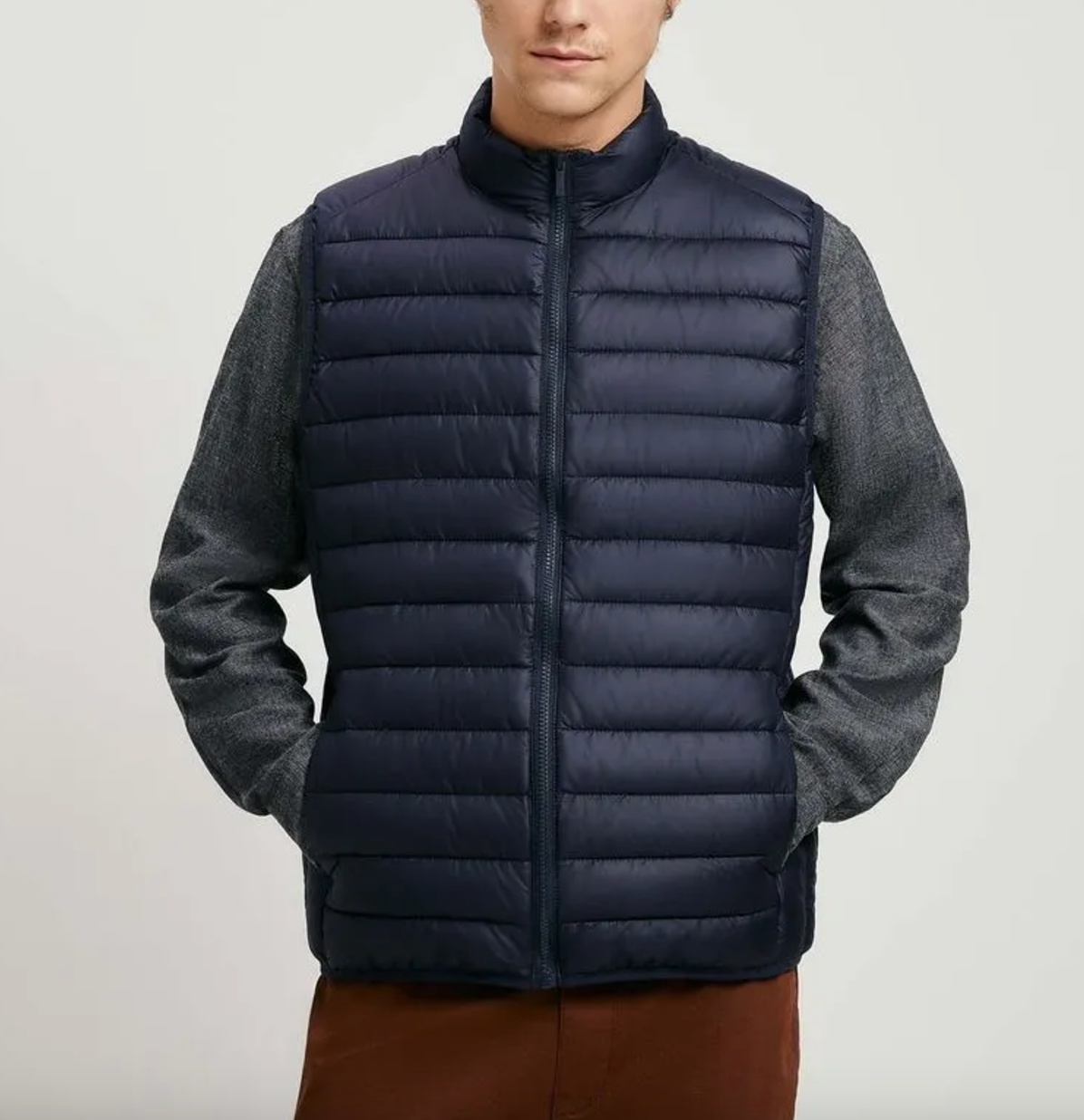 Colete casual masculino com zíper frontal e gola alta de cor sólida para outono/inverno