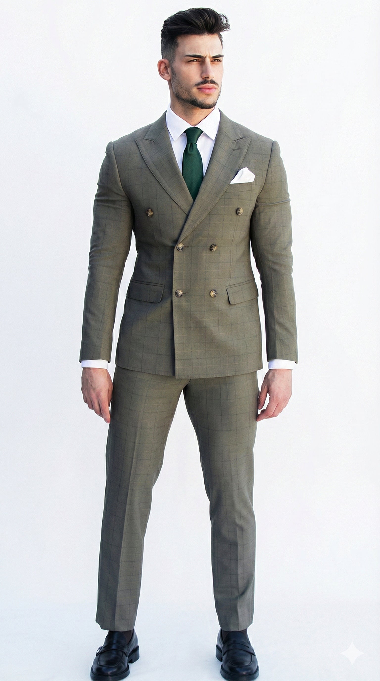Fatos Masculinos 3 Peças em Tom Azeitona com Padrão Xadrez