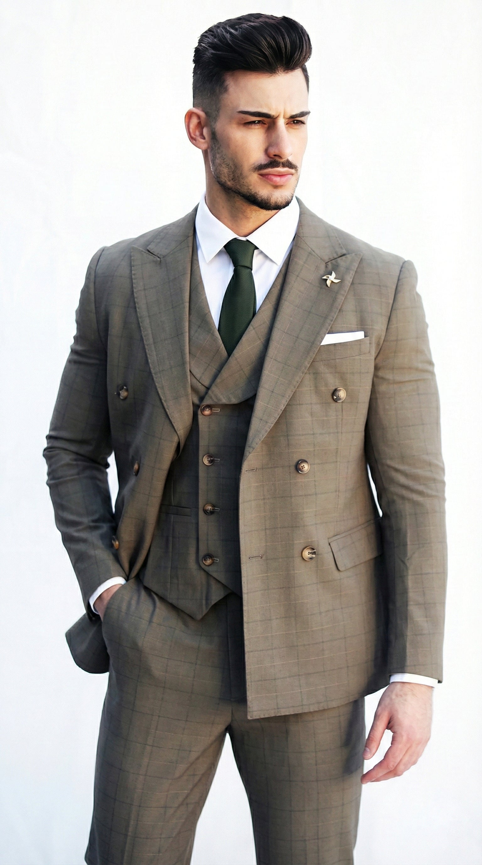 Fatos Masculinos 3 Peças em Tom Azeitona com Padrão Xadrez