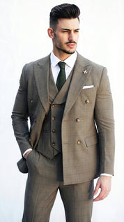 Fatos Masculinos 3 Peças em Tom Azeitona com Padrão Xadrez