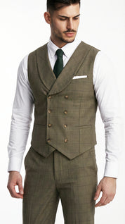 Fatos Masculinos 3 Peças em Tom Azeitona com Padrão Xadrez