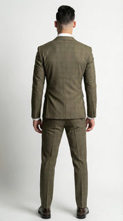 Fatos Masculinos 3 Peças em Tom Azeitona com Padrão Xadrez