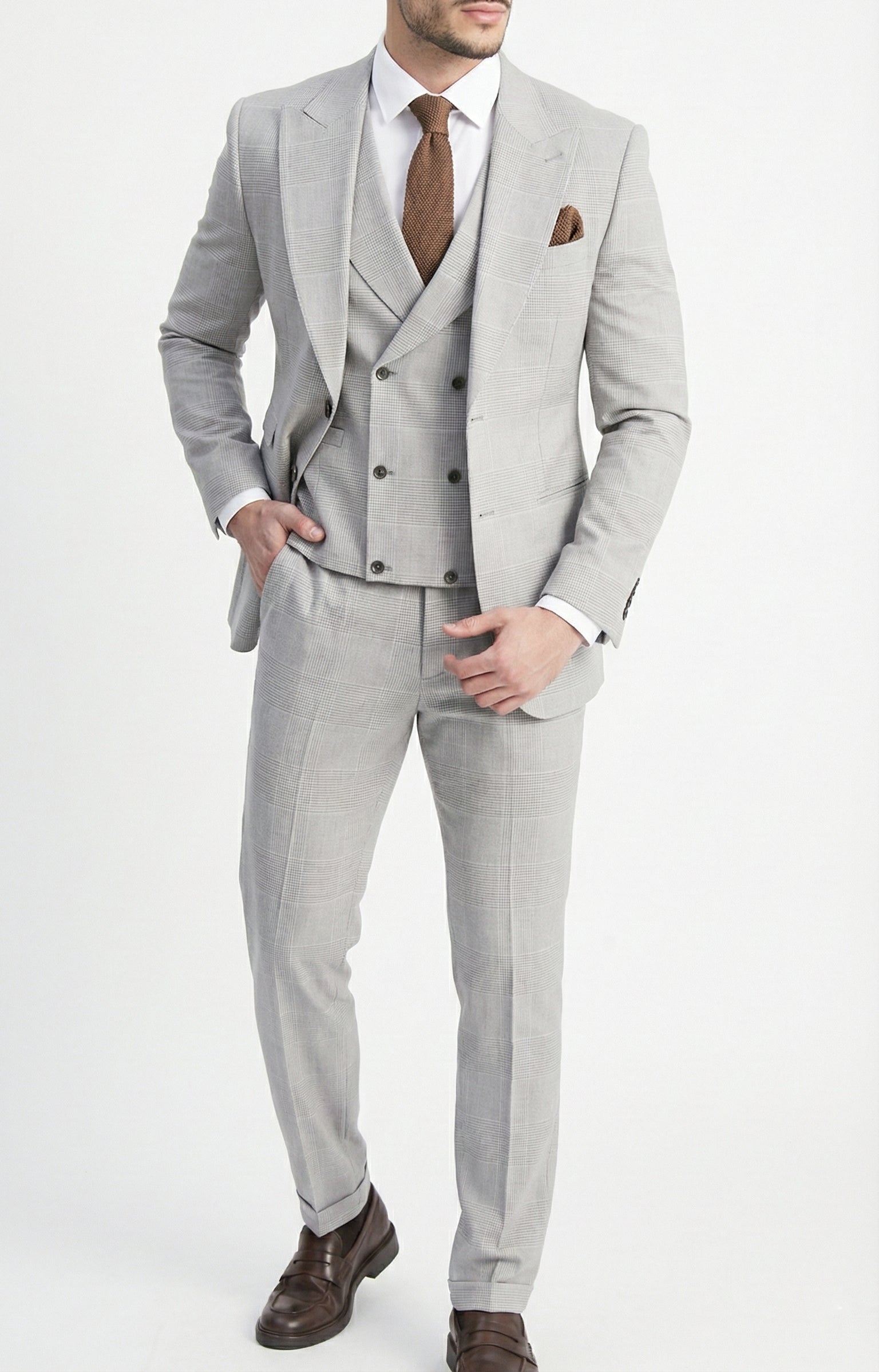 Fato 3 Peças Cinzento Claro com Padrão Discreto