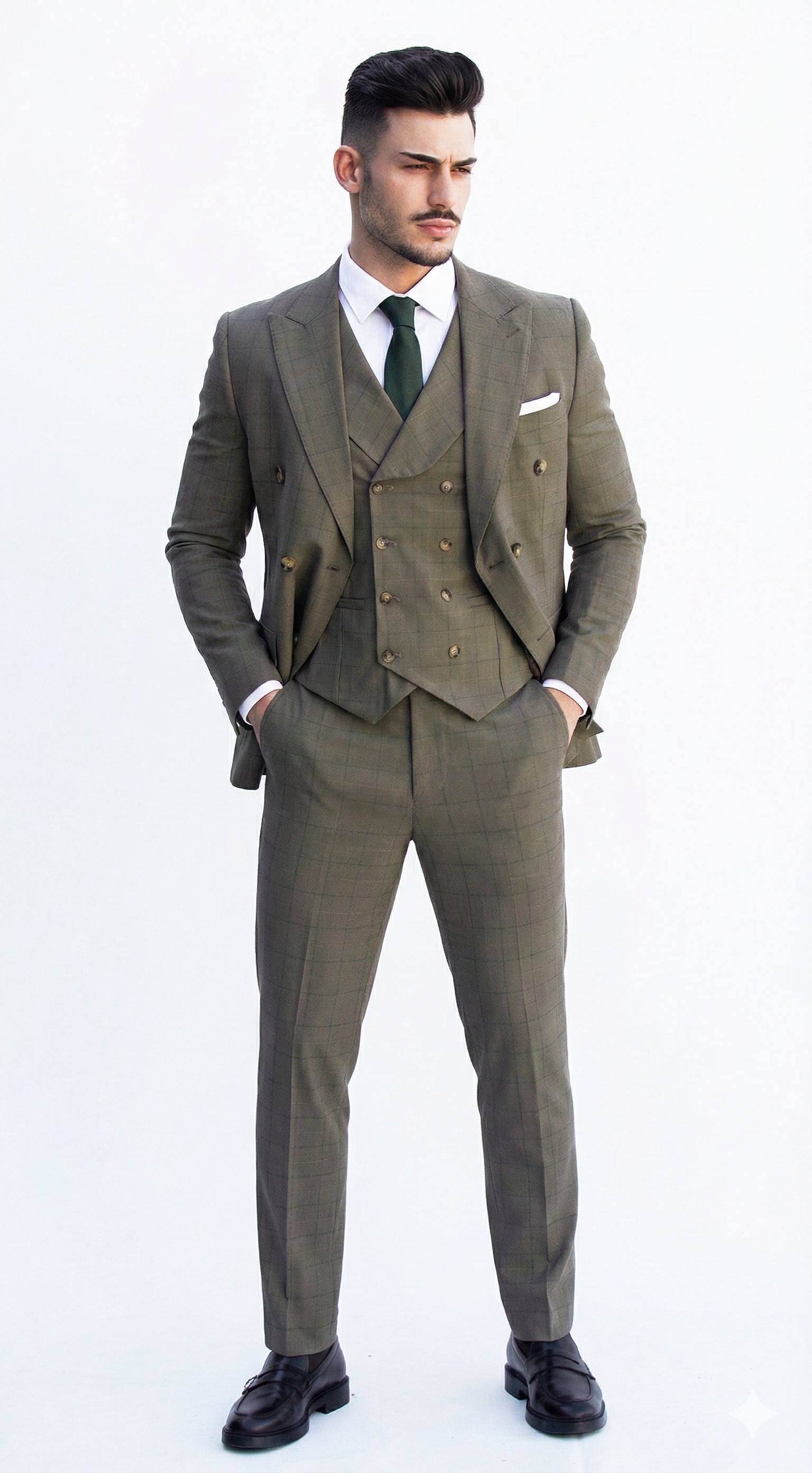 Fatos Masculinos 3 Peças em Tom Azeitona com Padrão Xadrez