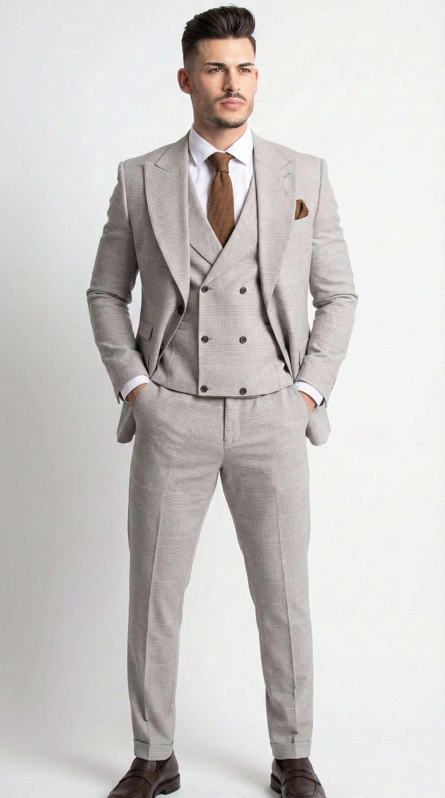 Fato 3 Peças Cinzento Claro com Padrão Discreto