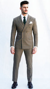 Fatos Masculinos 3 Peças em Tom Azeitona com Padrão Xadrez