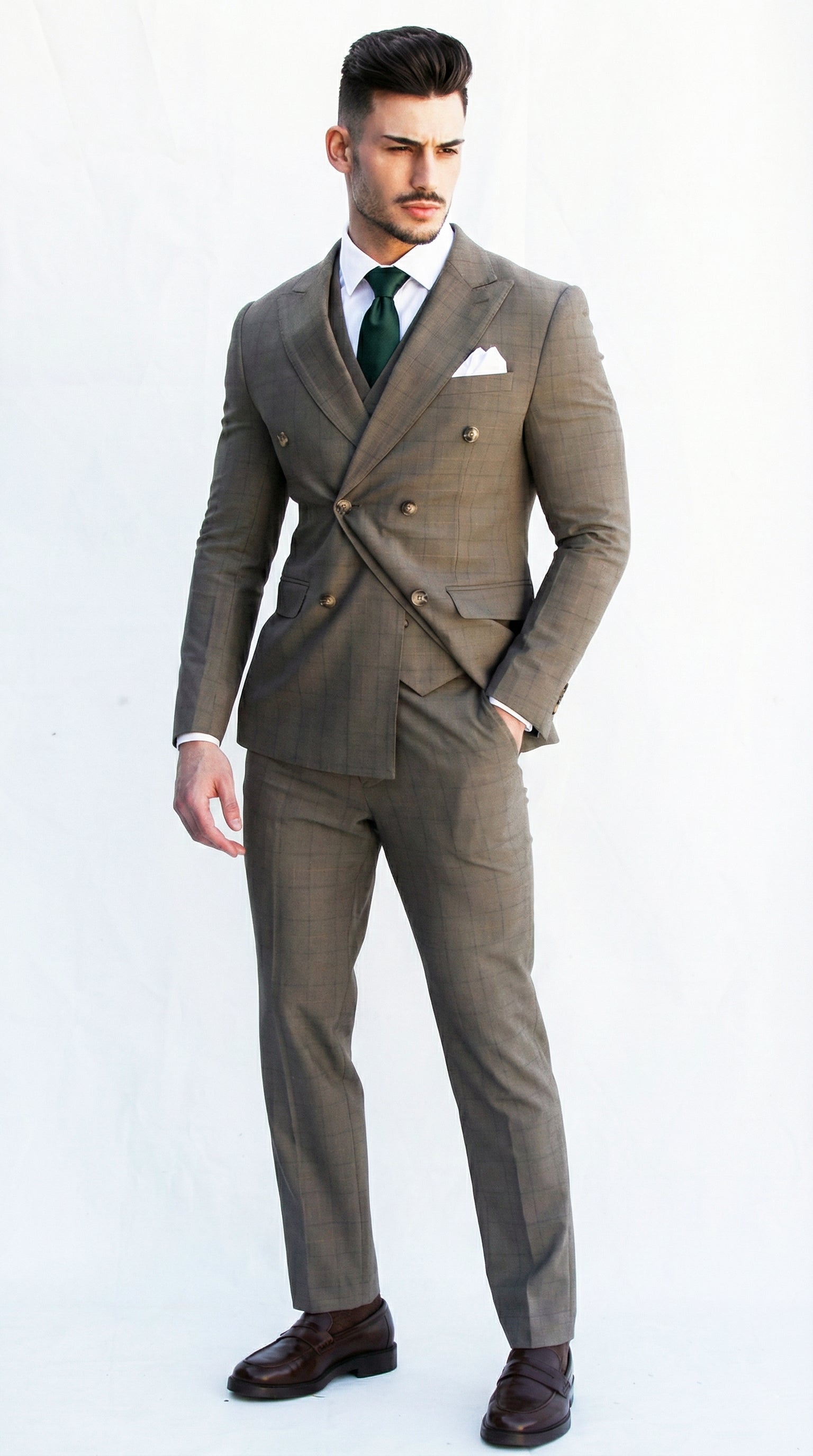 Fatos Masculinos 3 Peças em Tom Azeitona com Padrão Xadrez