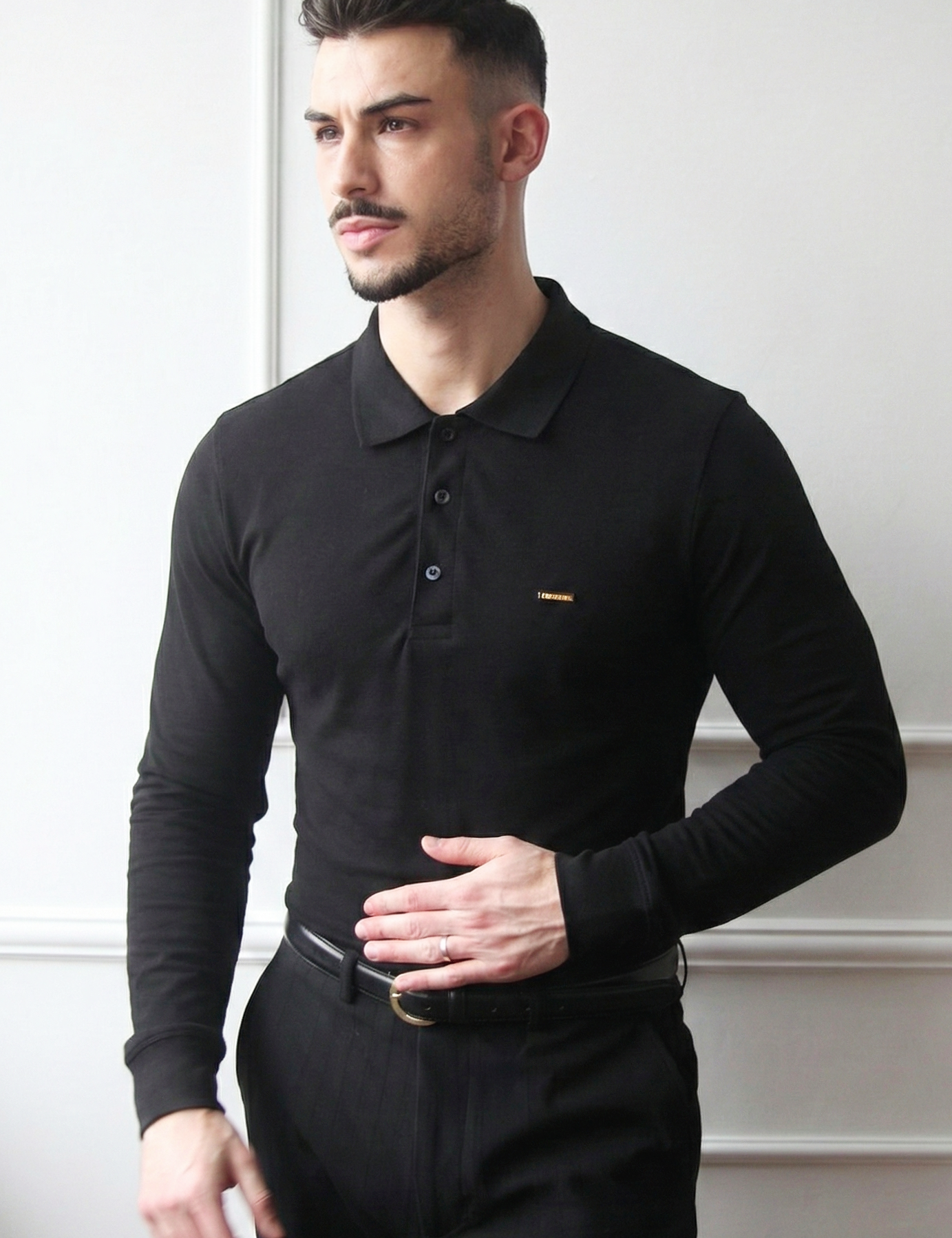 Polo Masculino Manga Comprida 100% Algodão Clássico Azul Marinho