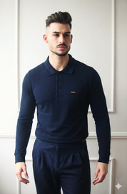 Polo Masculino Manga Comprida 100% Algodão Clássico Azul Marinho