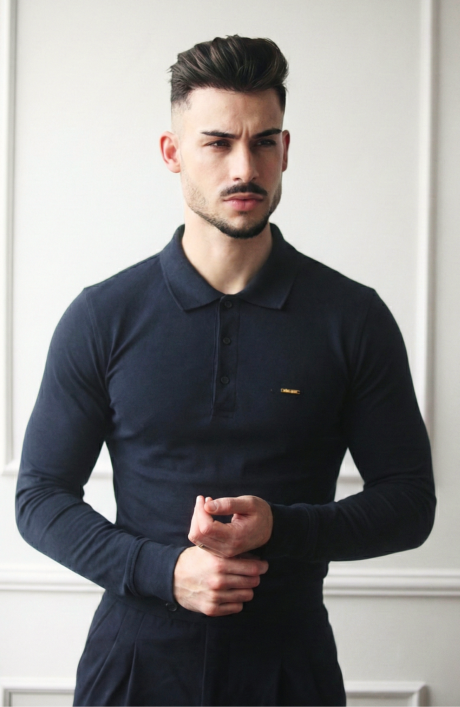 Polo Masculino Manga Comprida 100% Algodão Clássico Azul Marinho