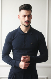 Polo Masculino Manga Comprida 100% Algodão Clássico Azul Marinho