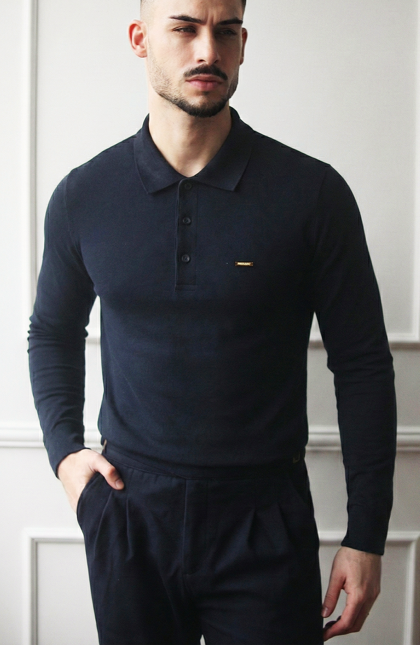 Polo Masculino Manga Comprida 100% Algodão Clássico Azul Marinho