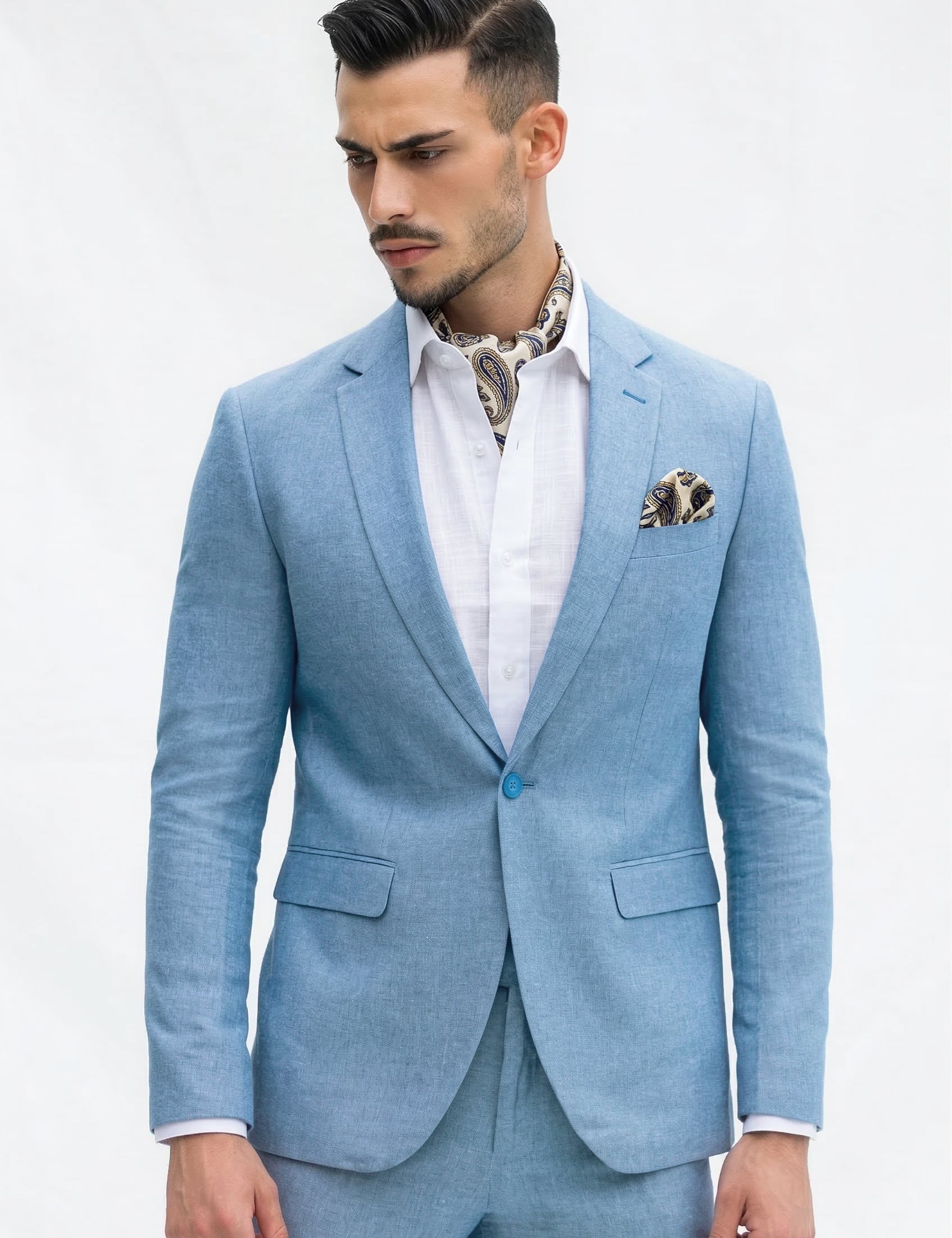Slim Fit Suit in Linen and Cotton - Light Blue