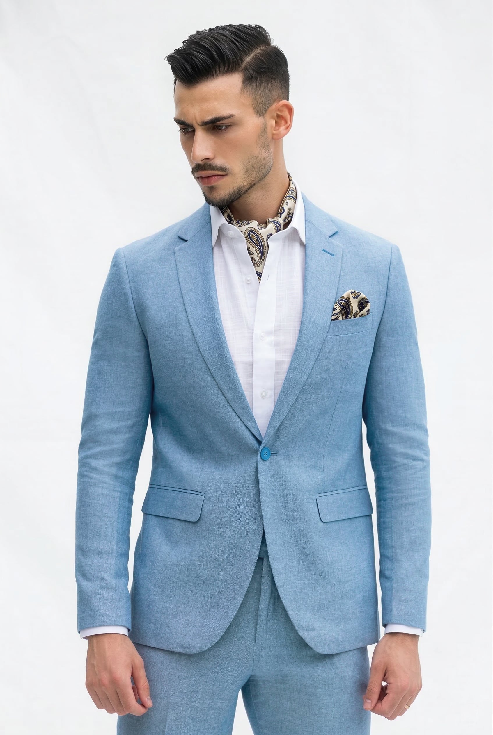 Fato Slim Fit em Linho e Algodão - Azul Claro