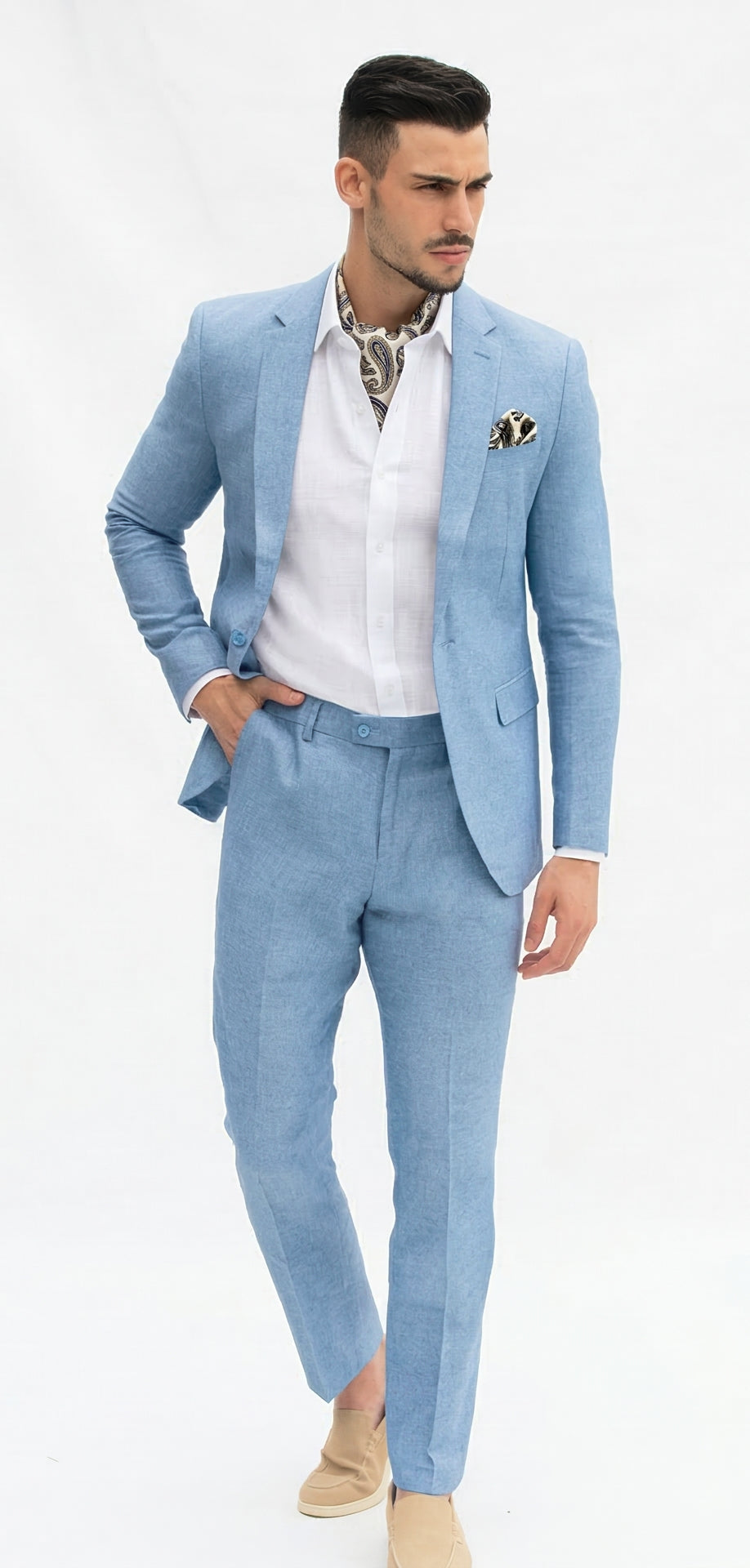 Fato Slim Fit em Linho e Algodão - Azul Claro
