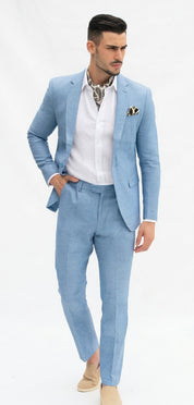 Fato Slim Fit em Linho e Algodão - Azul Claro