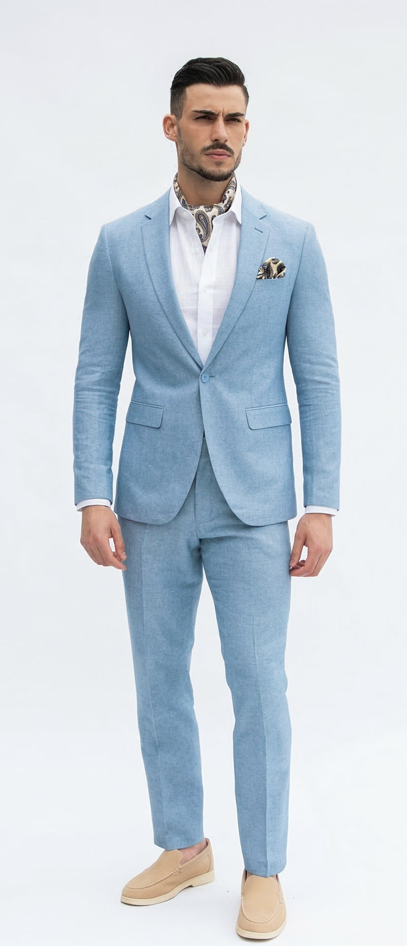 Fato Slim Fit em Linho e Algodão - Azul Claro
