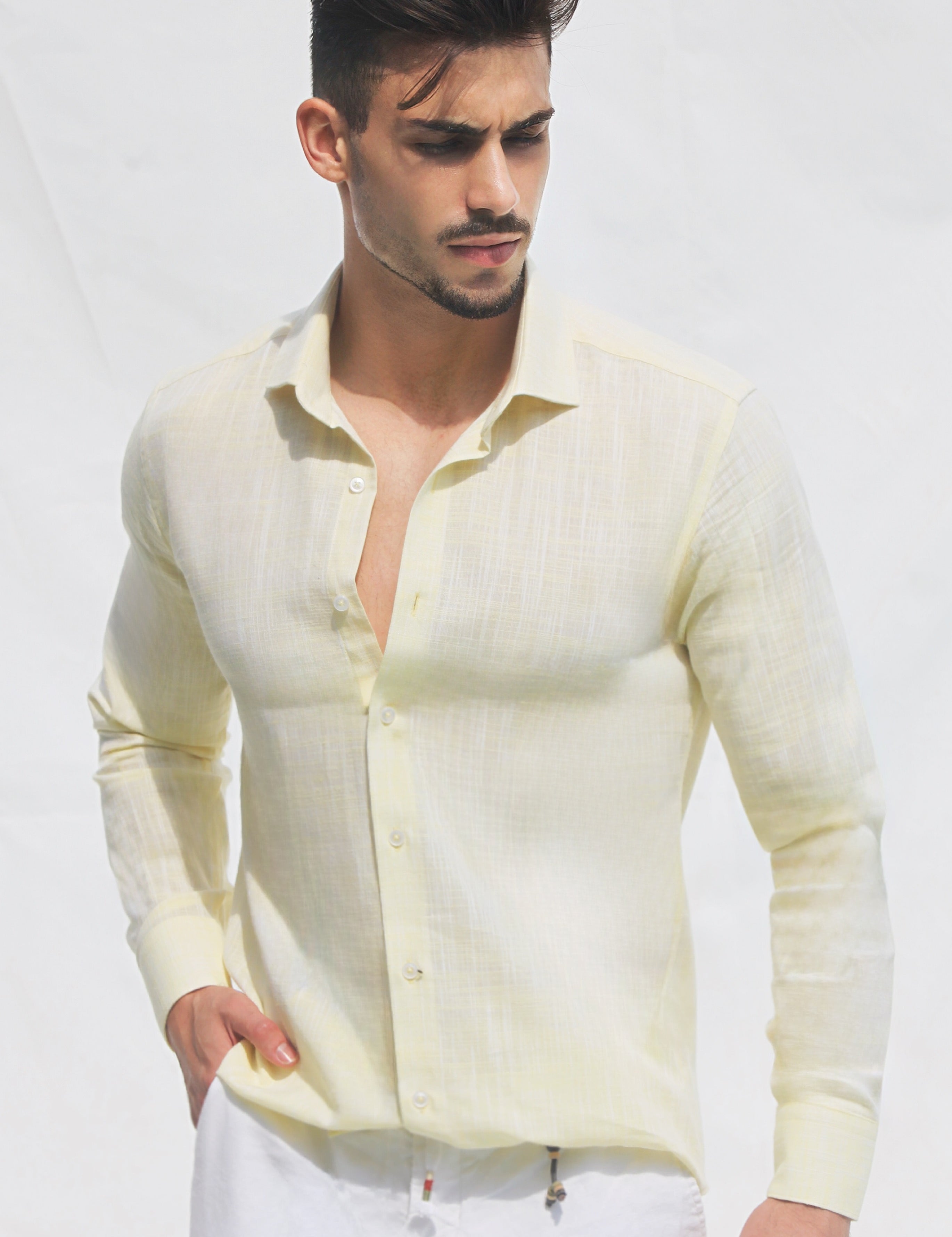 Camisa de Linho Slim Fit em Amarelo | Dilectus