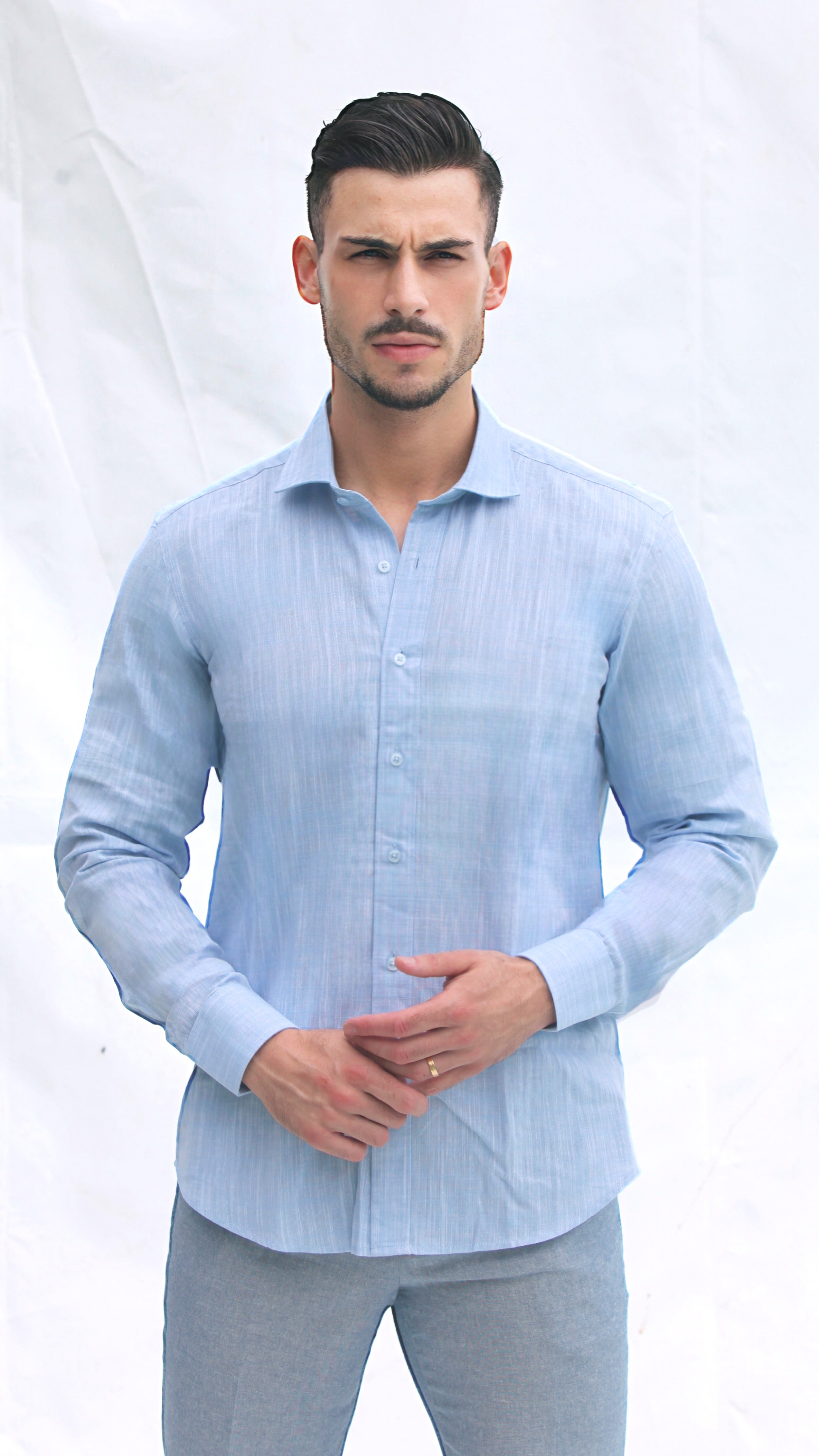 Camisa de Linho Slim Fit em Azul Claro | Dilectus