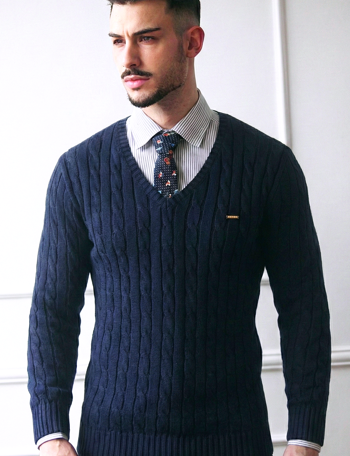 Camisola de malha trançada em Algodão Puro Premium Dilectus em Azul Marinho | Dilectus
