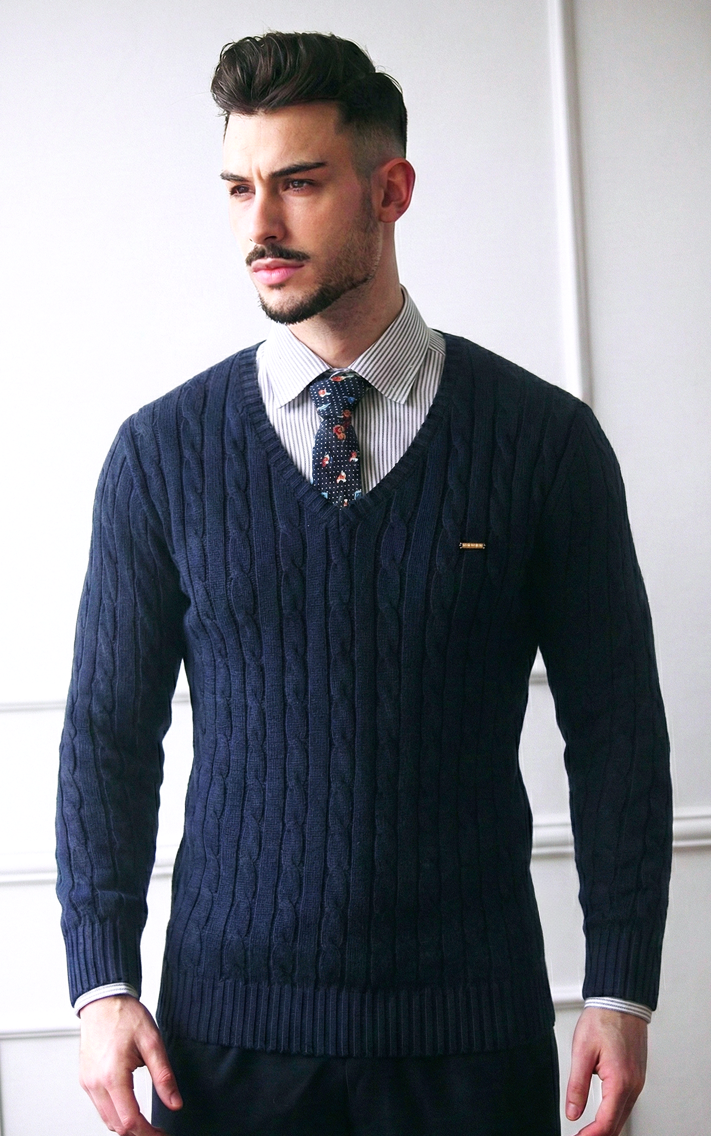 Camisola de malha trançada em Algodão Puro Premium Dilectus em Azul Marinho | Dilectus