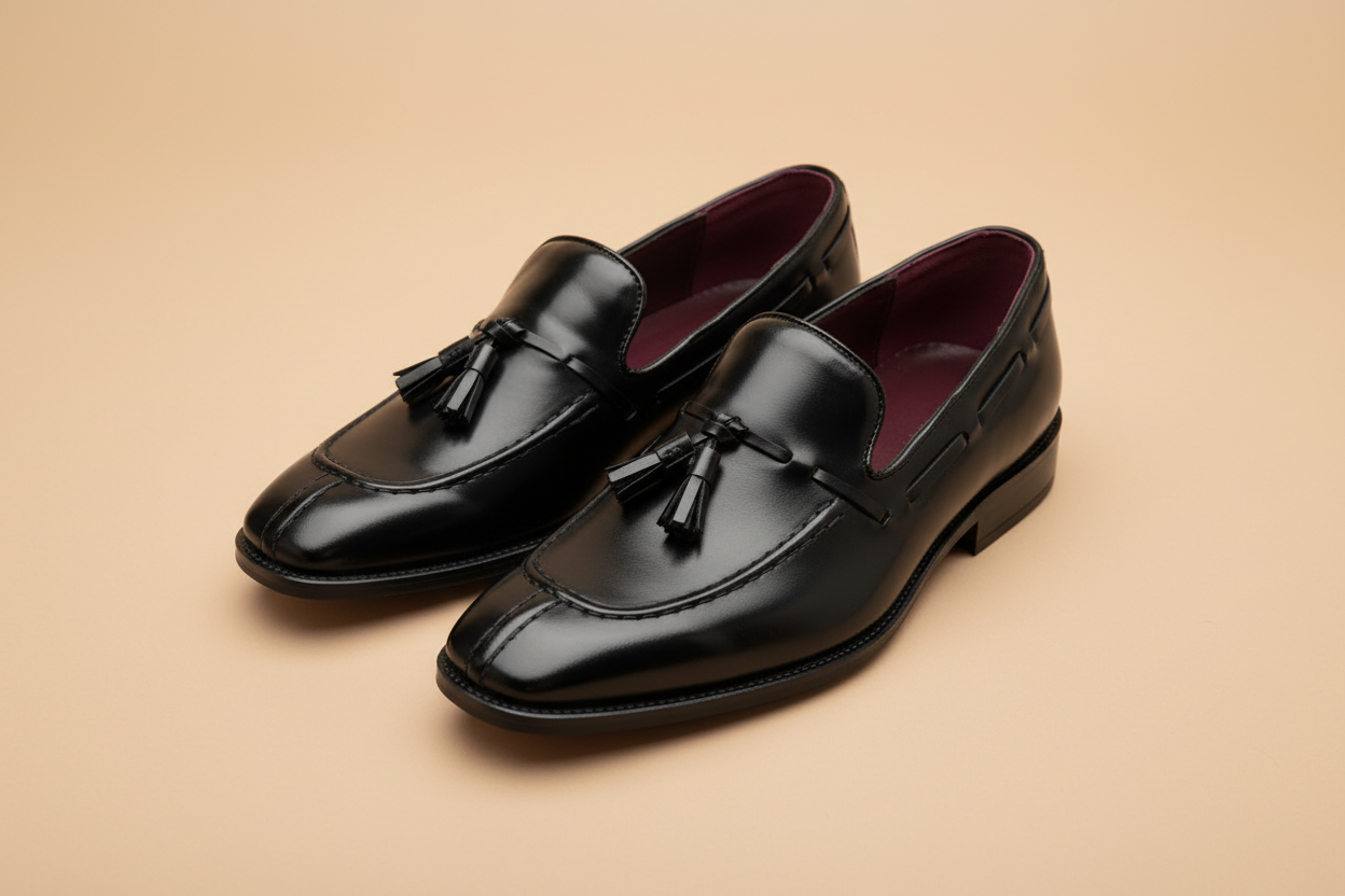 Par mocassins tassel preto polido — fundo bege studio