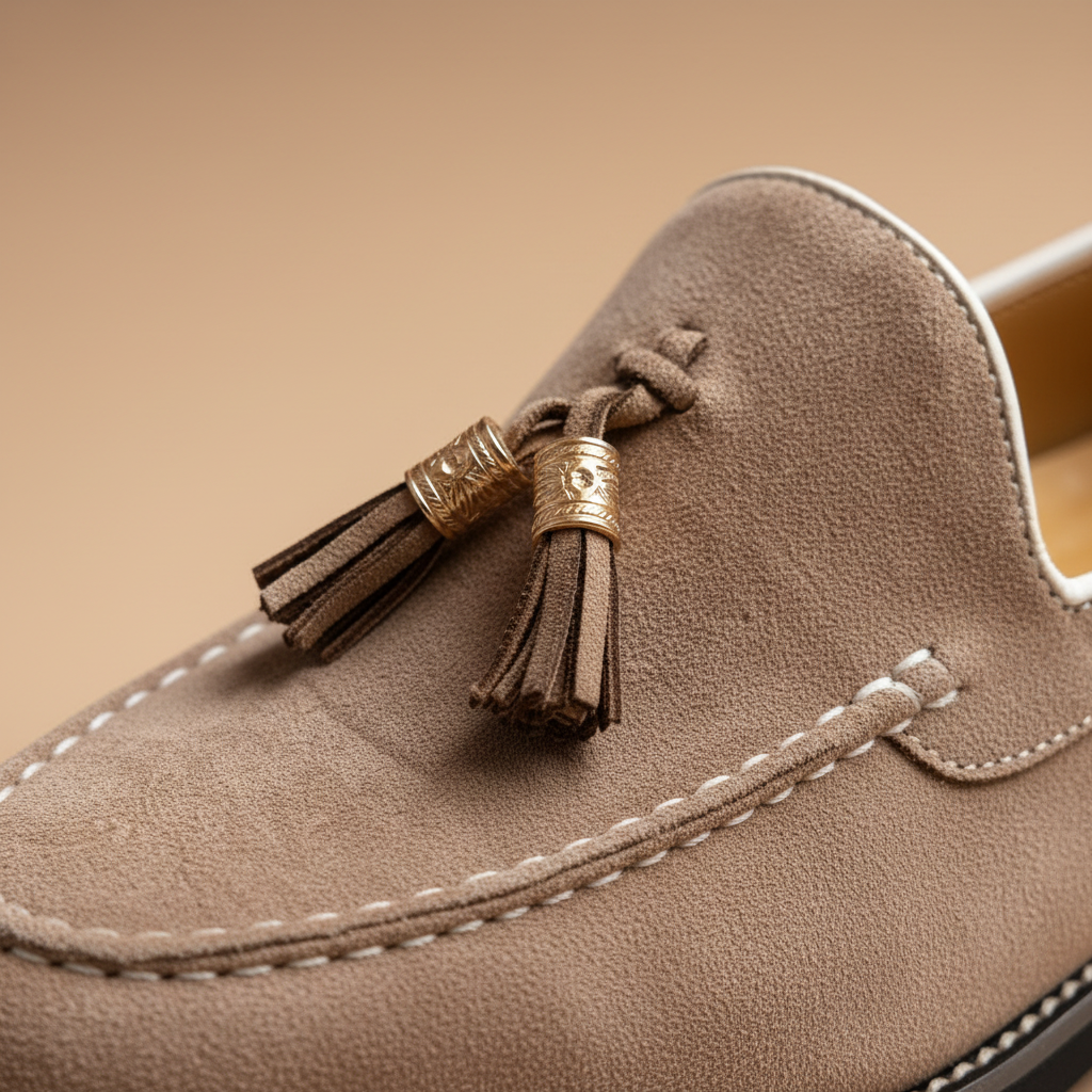 Mocassim tassel bege — macro detalhe tassel dourado