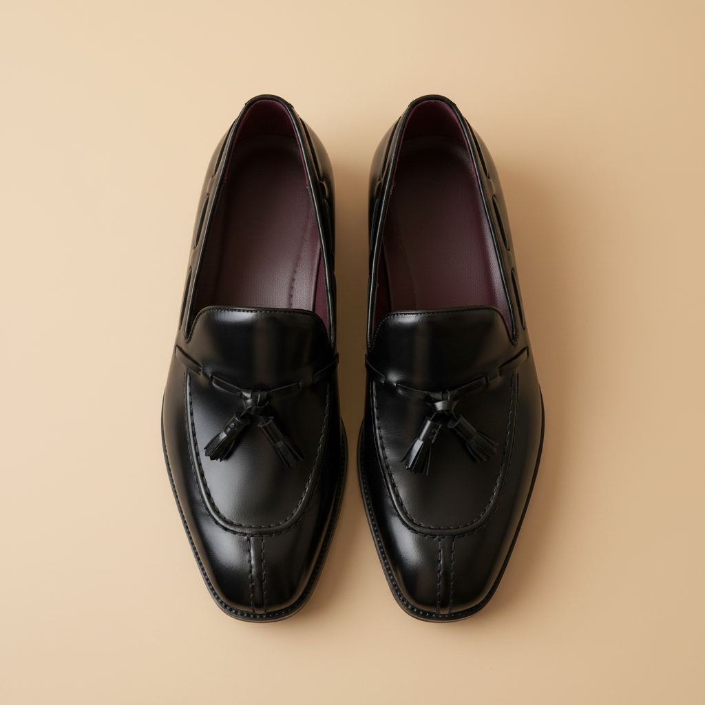Par mocassins tassel preto polido — overhead