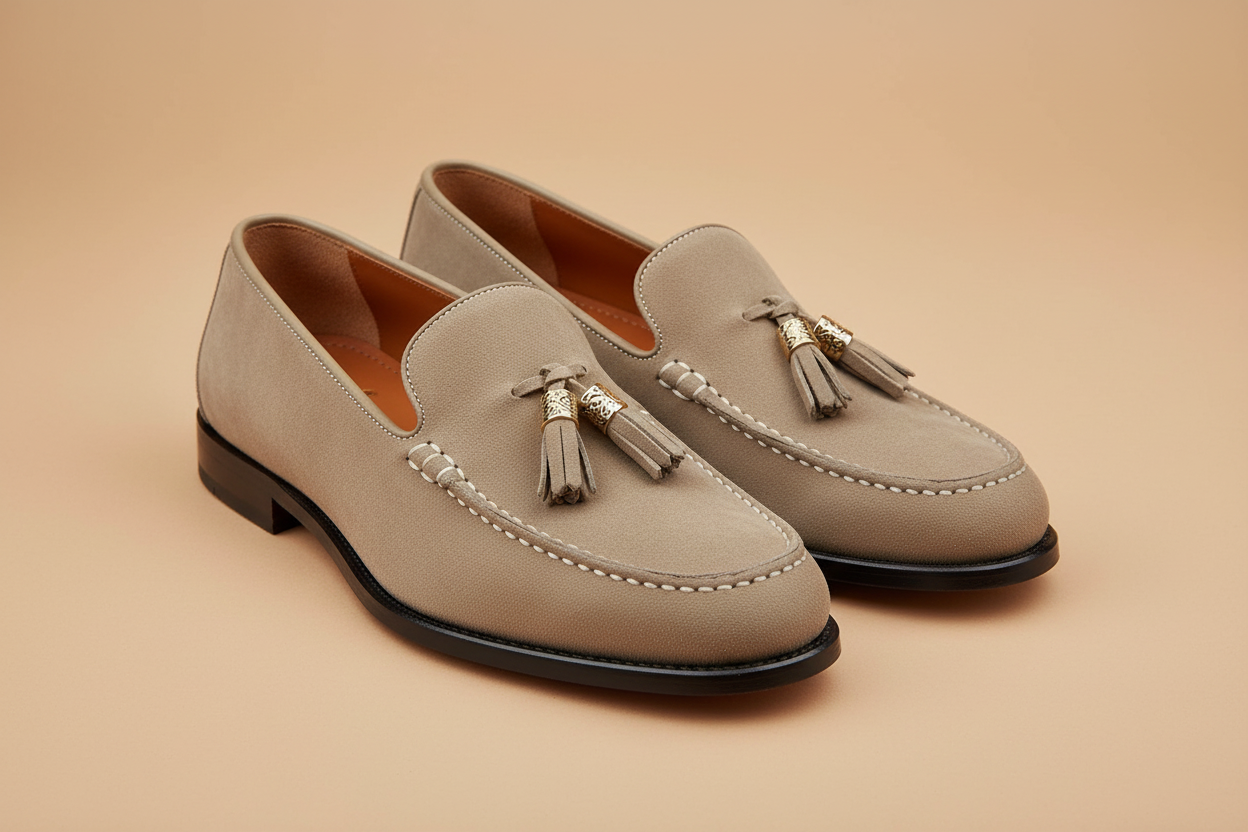 Par de mocassins tassel bege — fundo bege studio