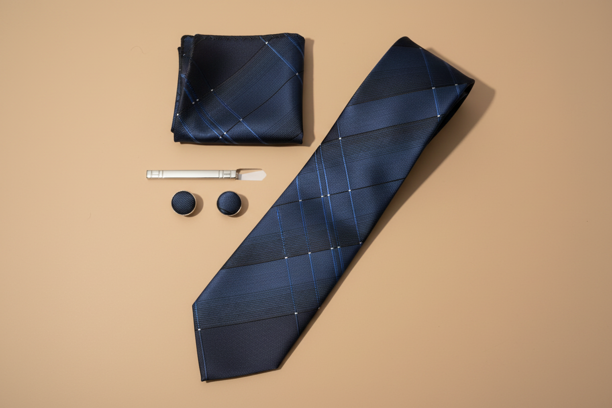 Conjunto azul marinho xadrez sem caixa — fundo bege