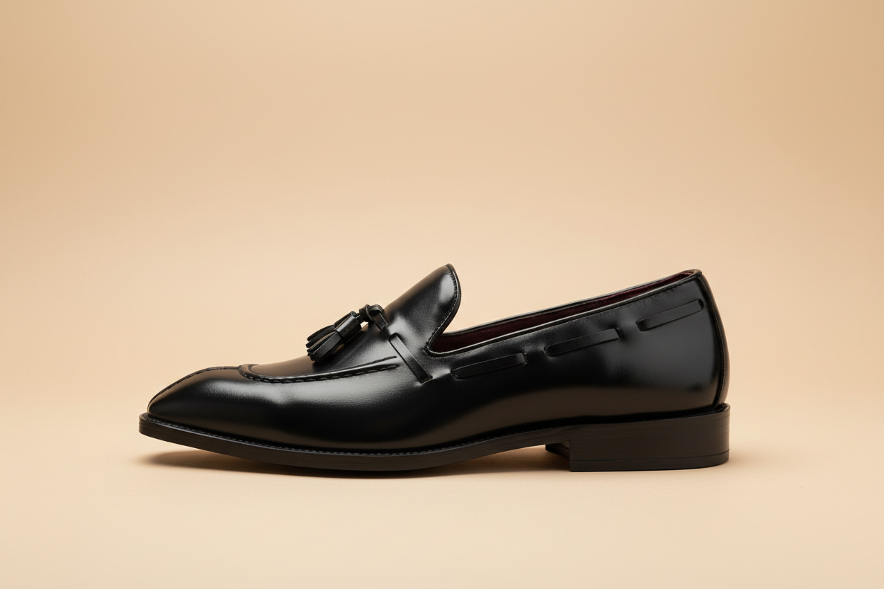 Mocassim tassel preto polido — perfil lateral