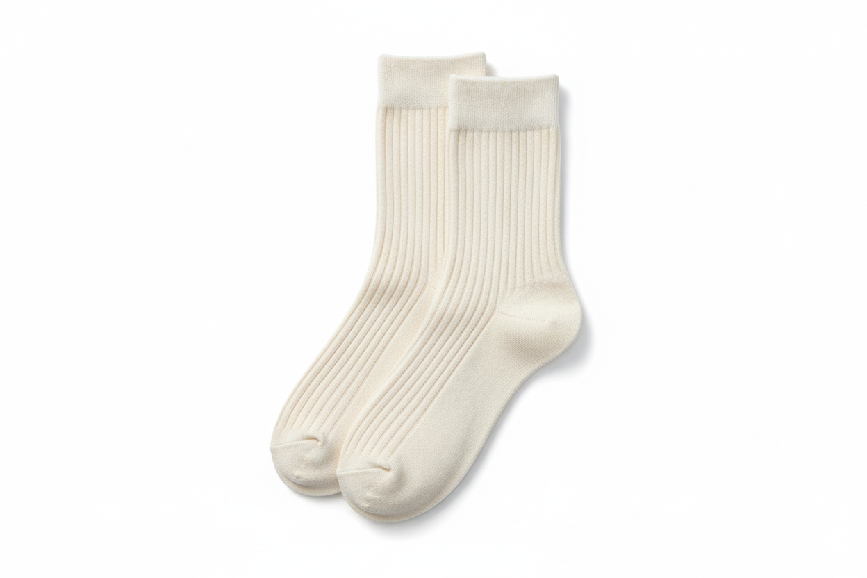 Cremeweiße Rippsocken – flach über dem Kopf liegend