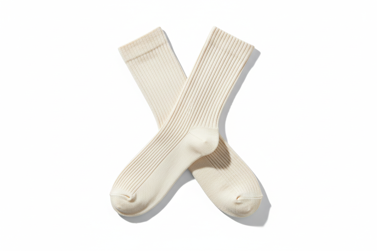 Cremeweiße Rippsocken – gekreuzte Position