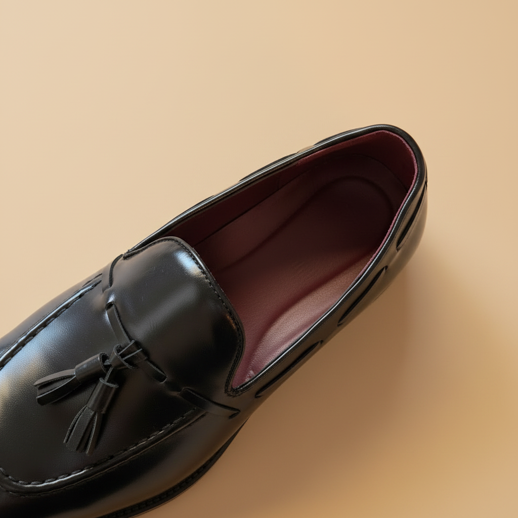 Mocassim tassel preto — interior bordeaux