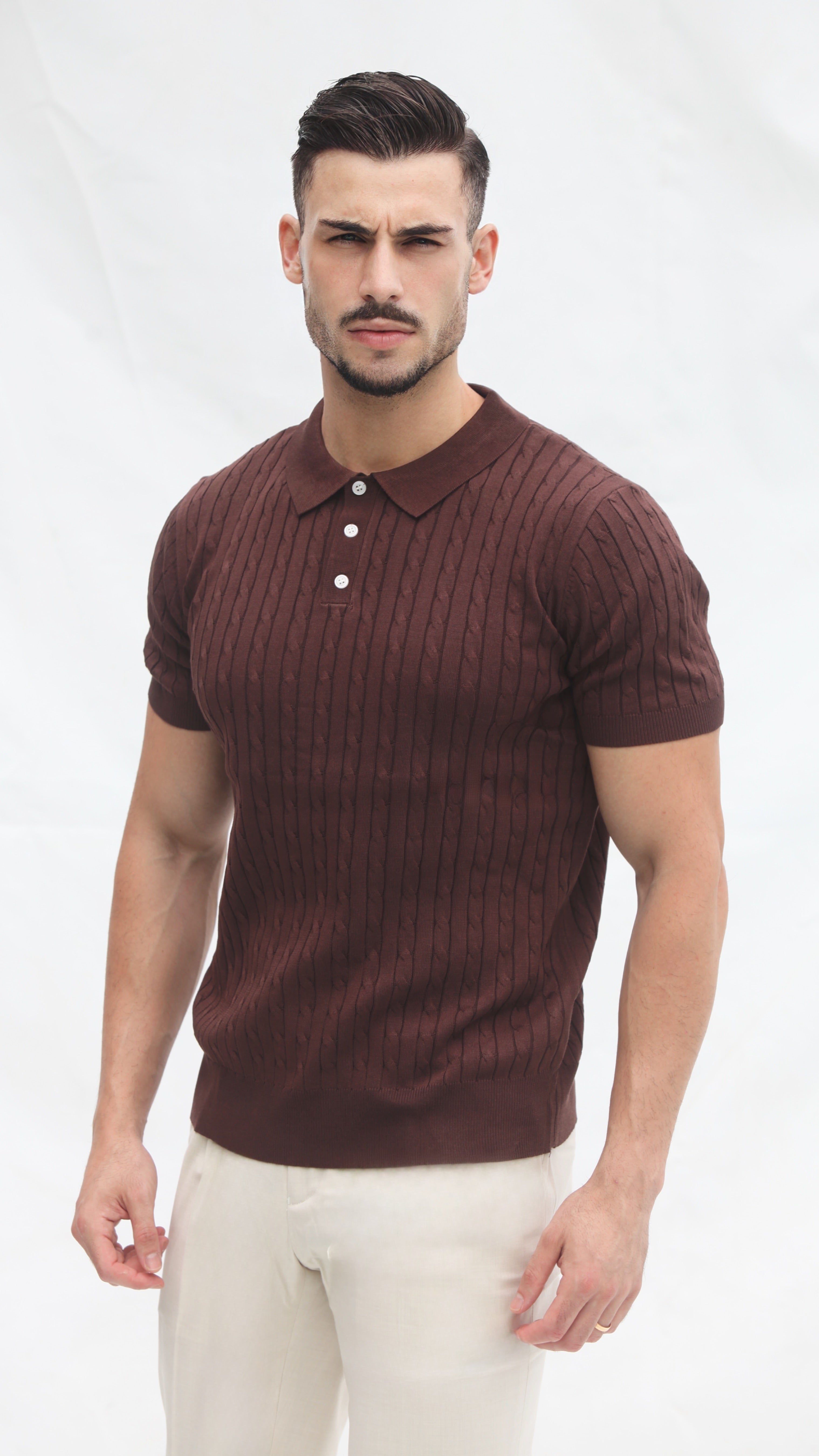 Polo Masculino Tricot Marrom com Textura Canelada