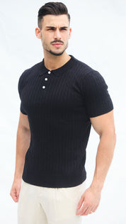 Polo Masculina Tricot Preta com Textura Canelada – Clássico Moderno