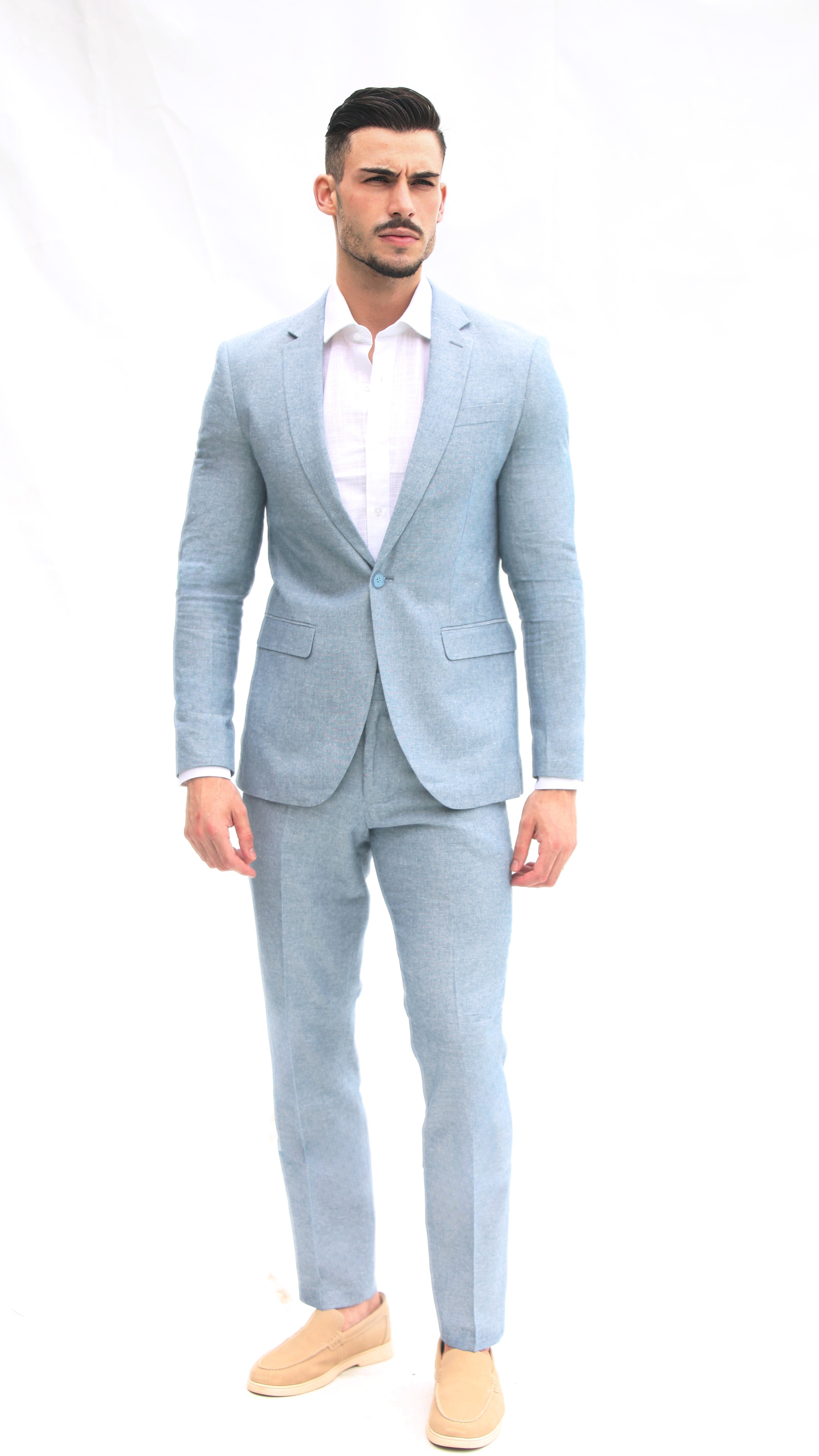 Fato Slim Fit em Linho e Algodão - Azul Claro