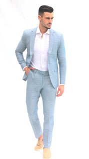 Fato Slim Fit em Linho e Algodão - Azul Claro