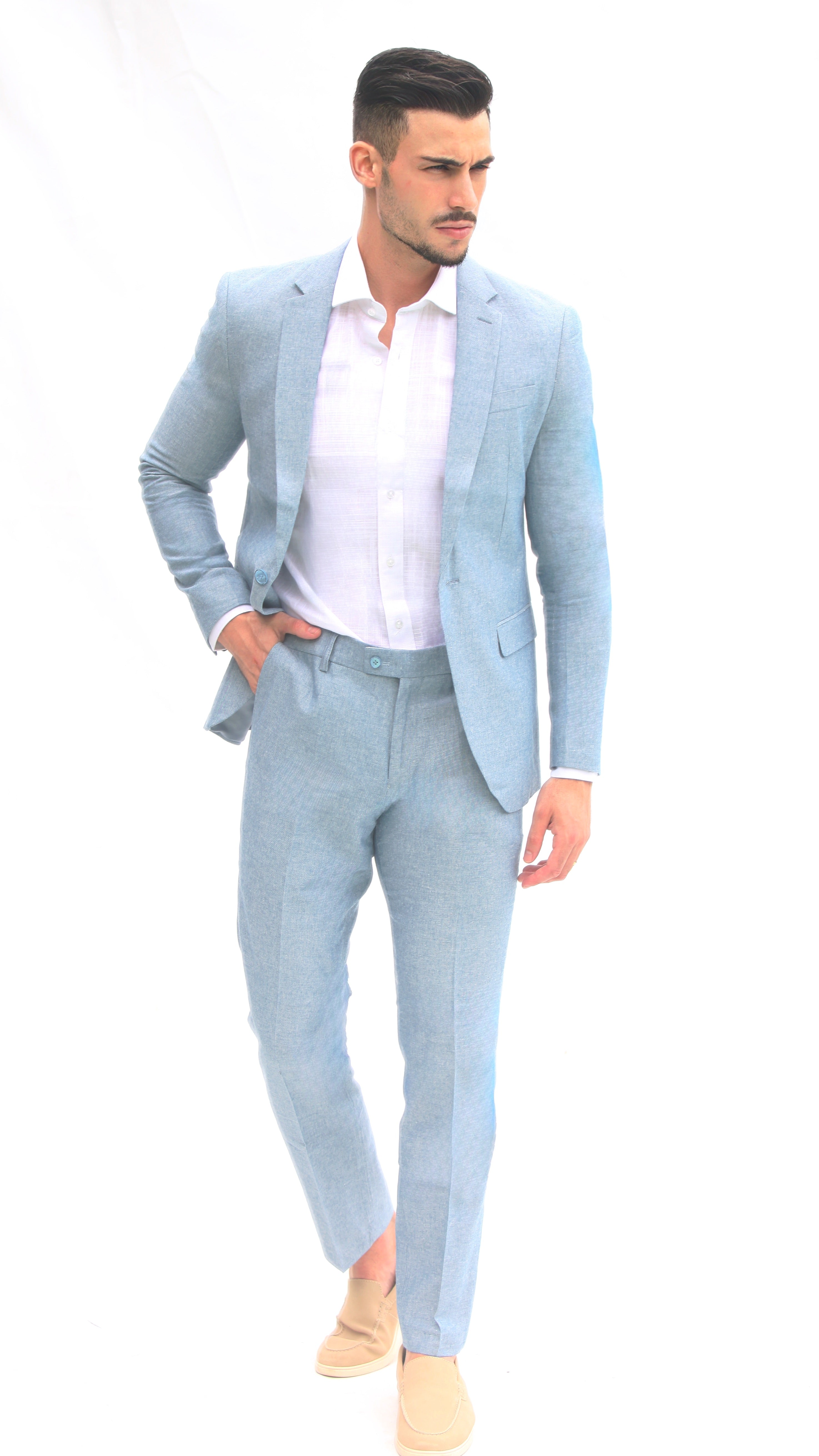 Fato Slim Fit em Linho e Algodão - Azul Claro