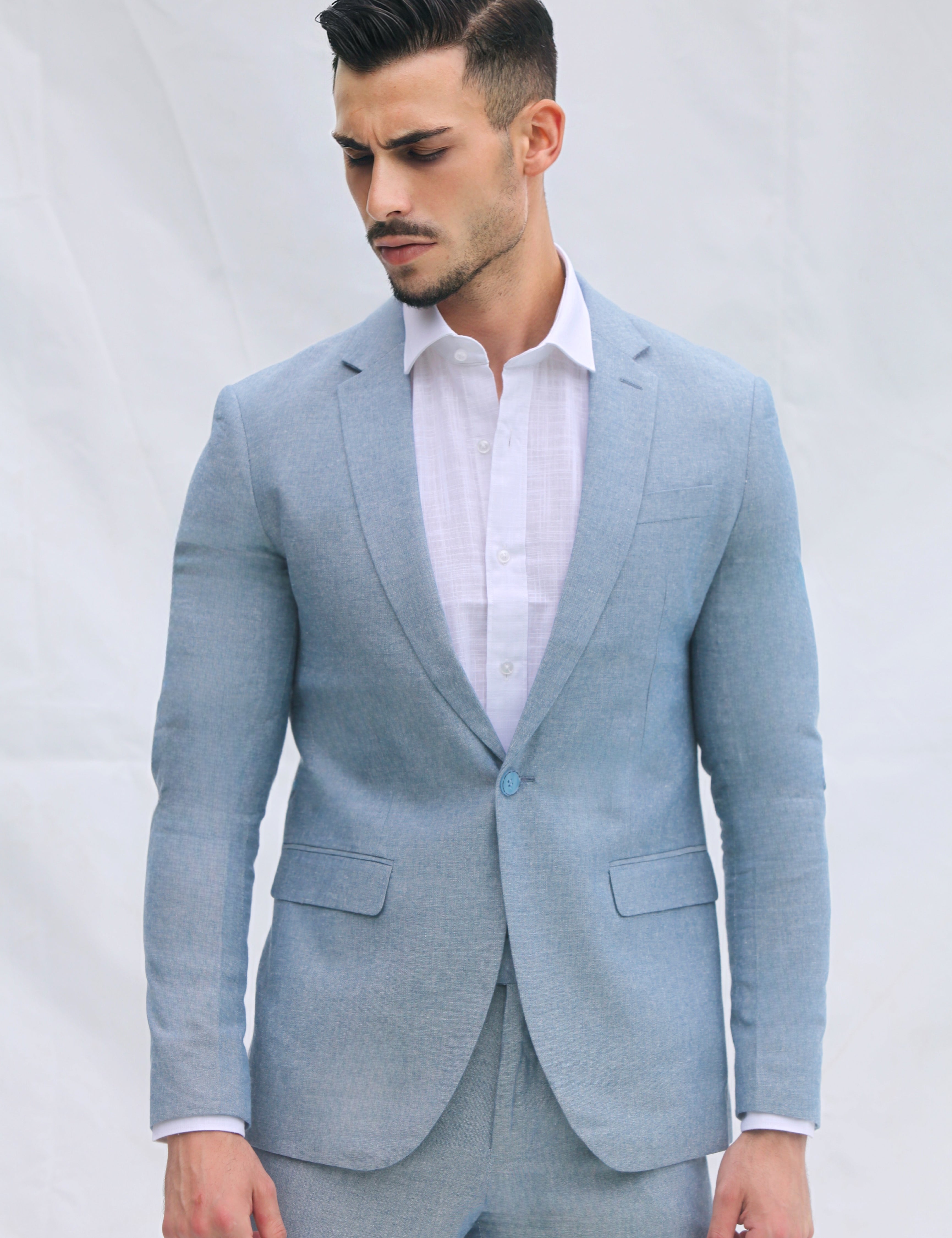 Fato Slim Fit em Linho e Algodão - Azul Claro